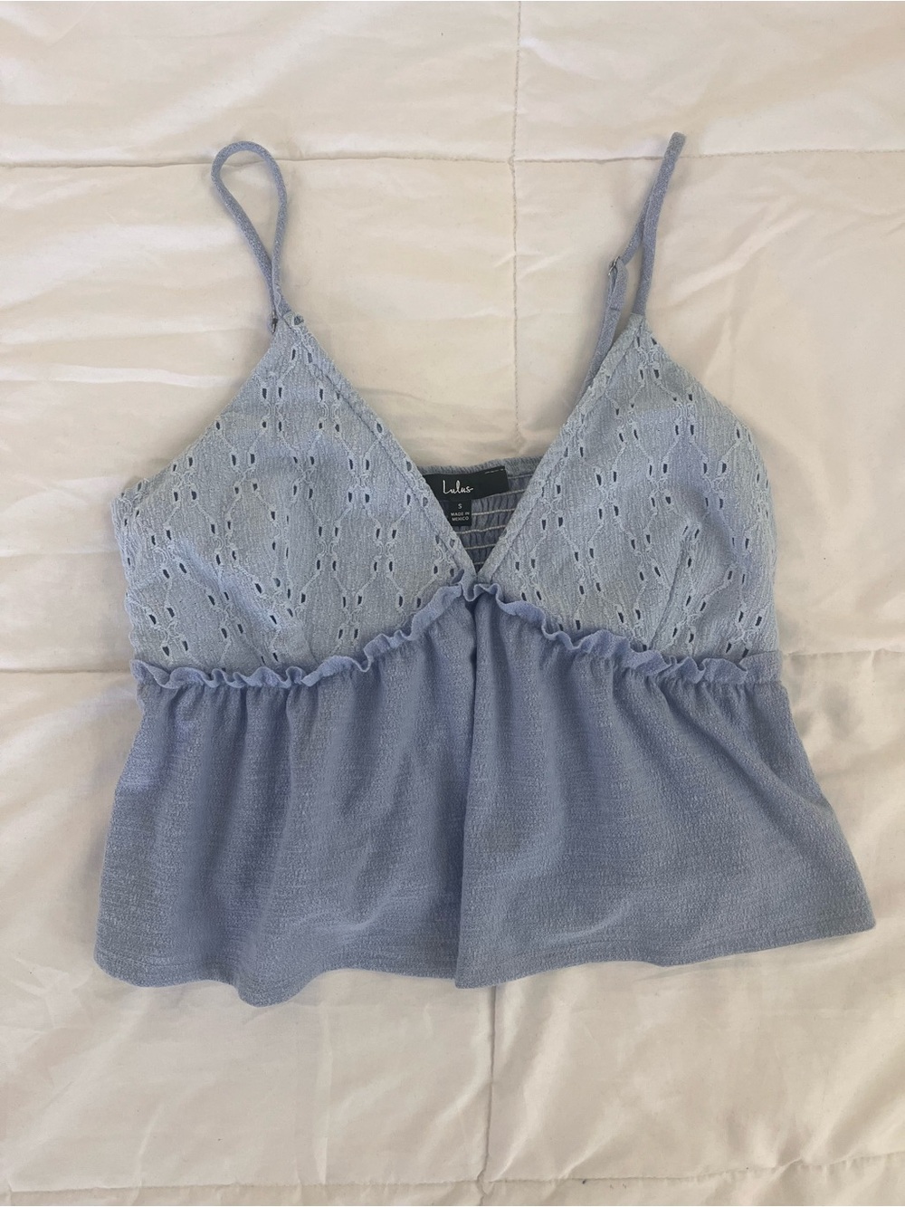 Lulu's Powder Blue Eyelet Knit Ruffle Hem Cami